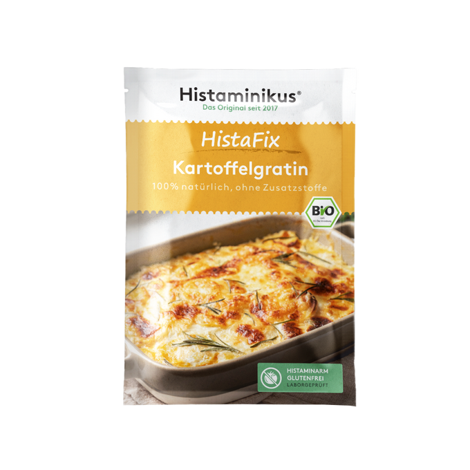 HistaFix-Beutel „Kartoffelgratin“ von Histaminikus, mit appetitlich überbackenem Gratin auf der Vorderseite, gelb-weißes Verpackungsdesign mit Bio-Siegel und Hinweis „histaminarm, glutenfrei, laborgeprüft“.