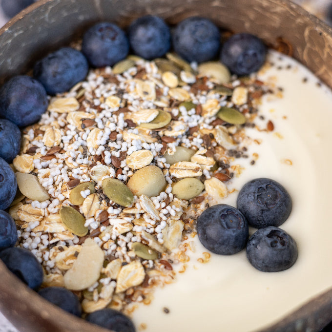 eine Schale mit Joghurt zu sehen, die mit dem Knuspermüsli angerichtet ist. Das Müsli liegt in einer dichten Schicht über dem Joghurt und ist von frischen Heidelbeeren eingerahmt. Die einzelnen Zutaten darunter Macadamianüsse, Kürbiskerne, Haferflocken und Amaranth.