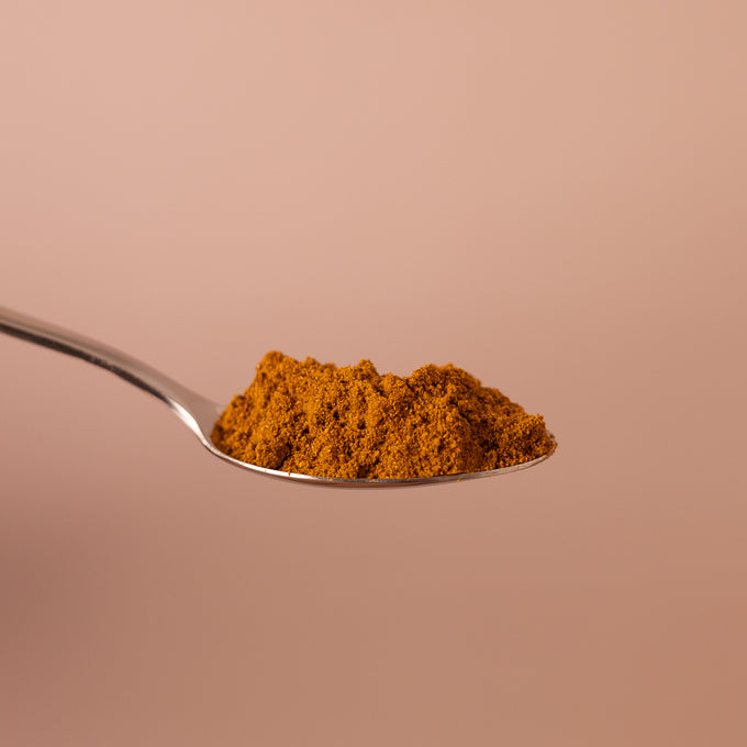 Esslöffel mit eine kleinen Menge Garam Masala. Das Pulver ist kräftig dunkelorange.
