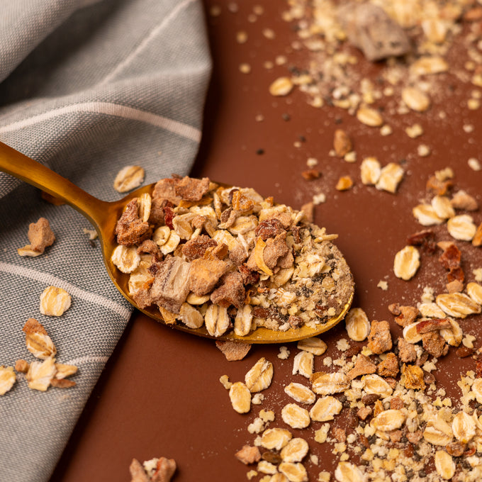 Nahaufnahme eines Löffels mit einer Mischung aus Haferflocken, getrockneten Früchten und Körnern auf einer braunen Unterlage. Rund um den Löffel sind weitere Müslibestandteile verstreut. Links im Bild ist ein grau-weiß gestreiftes Tuch teilweise sichtbar.