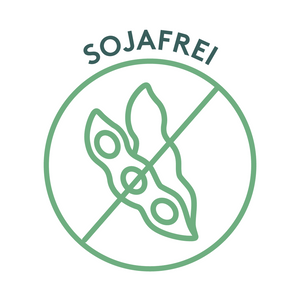 Grünes Siegel mit dem Schriftzug „SOJAFREI“ in Großbuchstaben über einem durchgestrichenen Symbol einer Sojabohne. Das runde Zeichen weist darauf hin, dass das Produkt frei von Soja ist.