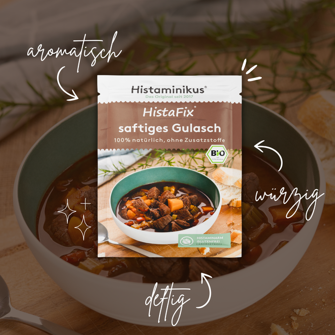 HistaFix „saftiges Gulasch“ vor dampfendem Gulaschteller mit Brotstücken. Drumherum handschriftlich: „aromatisch“, „würzig“, „deftig“. Warme Farben, natürlicher Look, appetitlich angerichtet – mit Fokus auf dem Produkt.