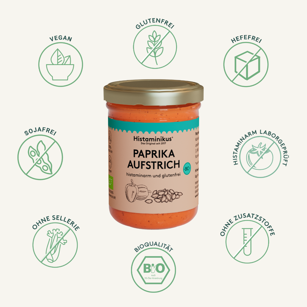 Grafik mit Glas Paprikaaufstrich in der Mitte. Drumherum sieht man Icons mit Vorteilen des Paprikaaufstrich wie: histaminarm laborgeprüft, ohne Zusatzstoffe, vegan, ohne Sellerie, sojafrei, hefefrei, glutenfrei und Bioqualität