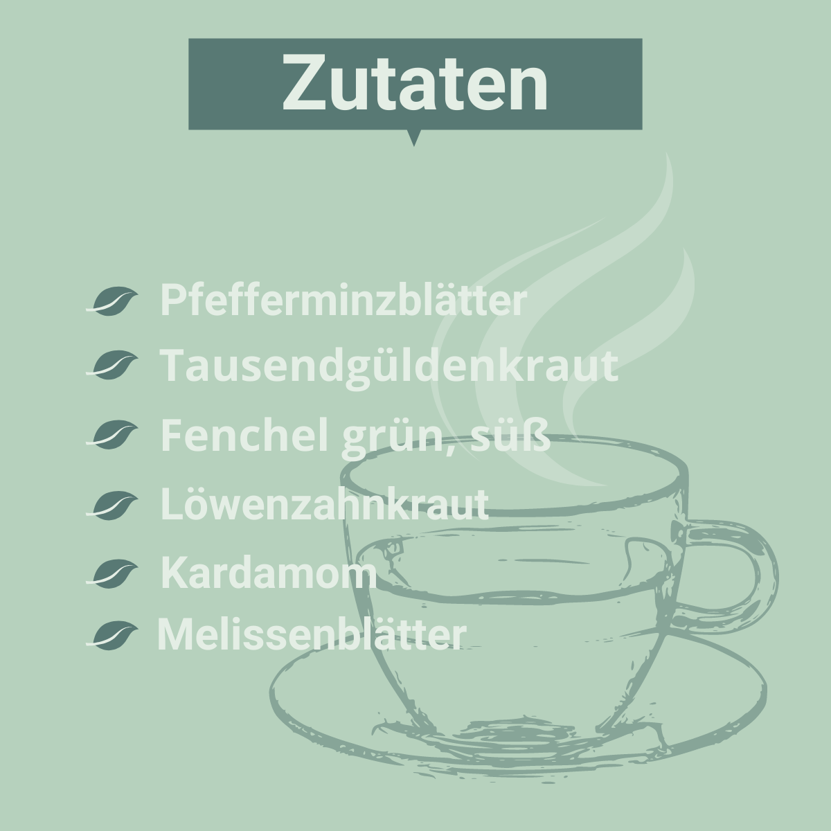Grafik mit grünem Hintergrund. Überschrift „Zutaten“, darunter eine Liste mit: Pfefferminzblätter, Tausendgüldenkraut, Fenchel grün süß, Löwenzahnkraut, Kardamom, Melissenblätter. Rechts unten gezeichnete Teetasse mit aufsteigendem Dampf.