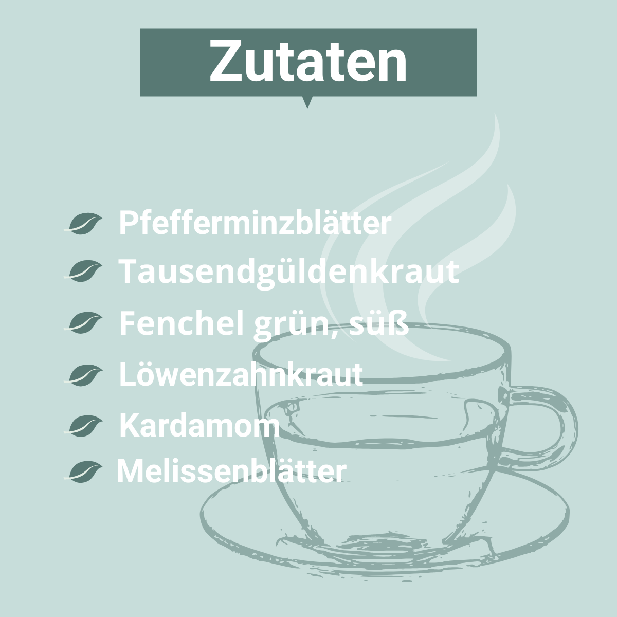 Grüne Grafik mit der Überschrift „Zutaten“. Aufgelistet sind:
– Pfefferminzblätter
– Tausendgüldenkraut
– Fenchel grün, süß
– Löwenzahnkraut
– Kardamom
– Melissenblätter
Links daneben je ein Blattsymbol, im Hintergrund eine gezeichnete Teetasse mit aufsteigendem Dampf.