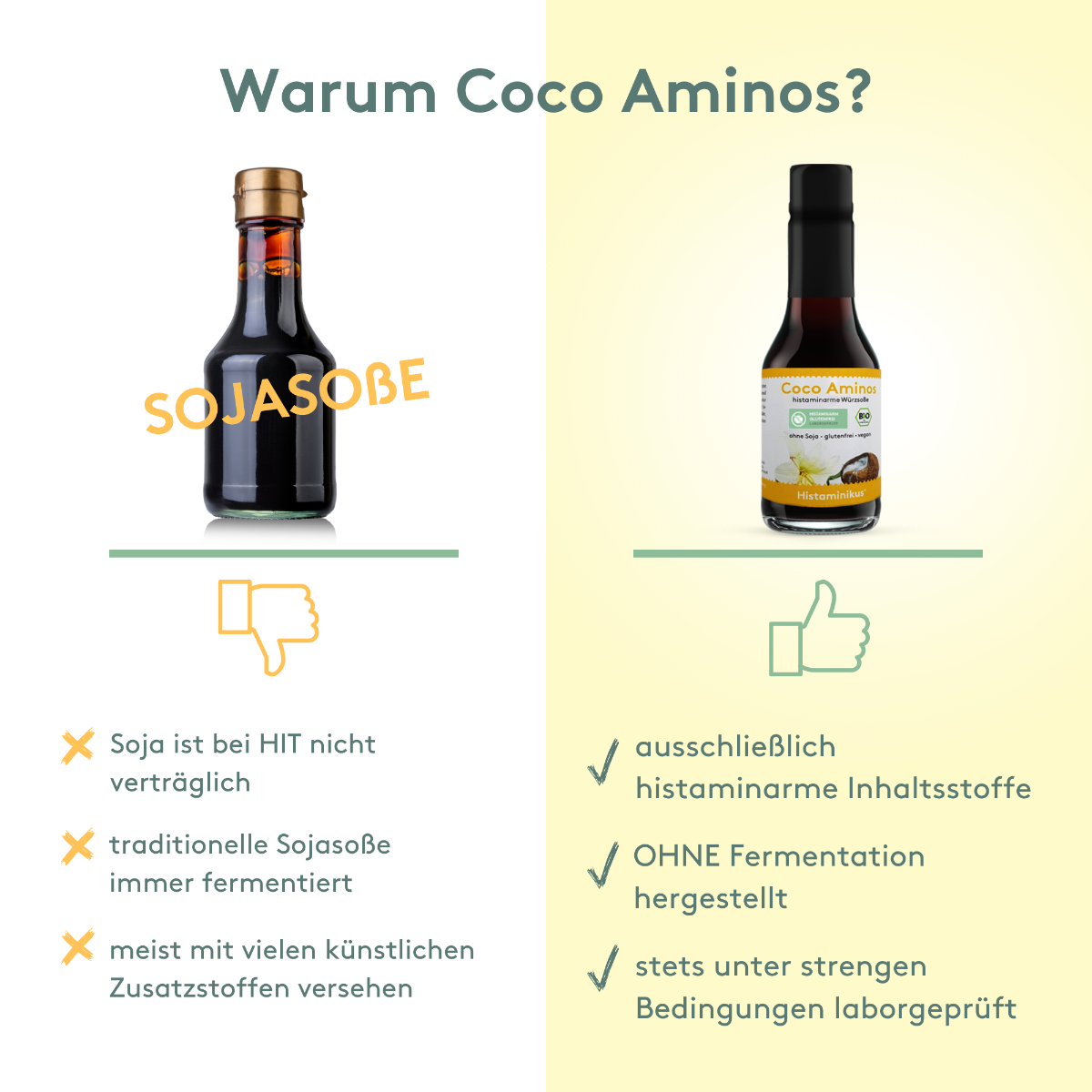 Vergleichsgrafik mit Titel „Warum Coco Aminos?“.
Links: Sojasoßenflasche mit Aufschrift „Sojasoße“, Daumen runter, drei Nachteile: unverträglich bei HIT, fermentiert, enthält Zusatzstoffe.
Rechts: Flasche „Coco Aminos“, Daumen hoch, Vorteile: histaminarme Inhaltsstoffe, ohne Fermentation, laborgeprüft.