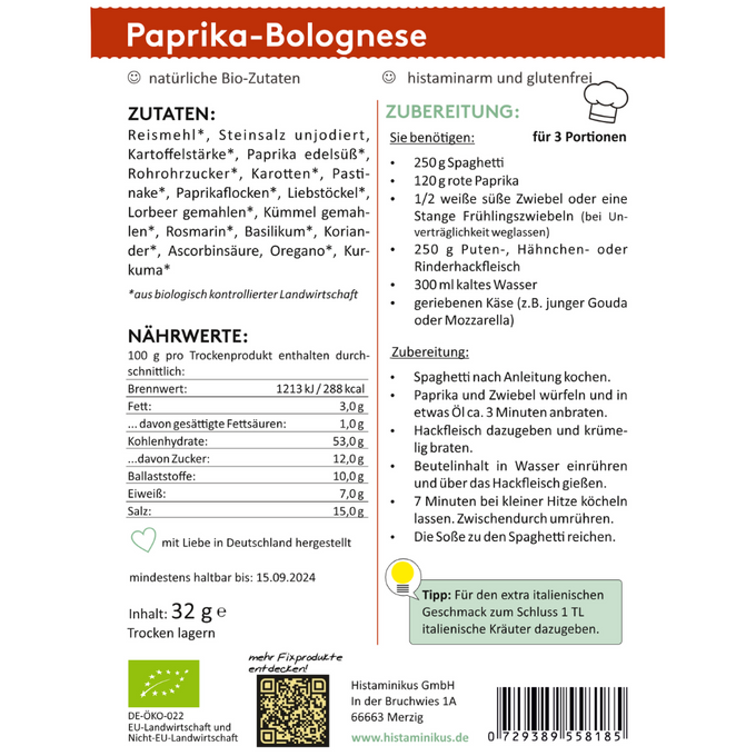 Etikett der HistaFix-Mischung „Paprika-Bolognese“ von Histaminikus mit Zutatenliste, Nährwertangaben, Zubereitungsempfehlung für 3 Portionen mit Pasta, Paprika, Zwiebel und Fleisch sowie Tipp zur Verfeinerung mit italienischen Kräutern.