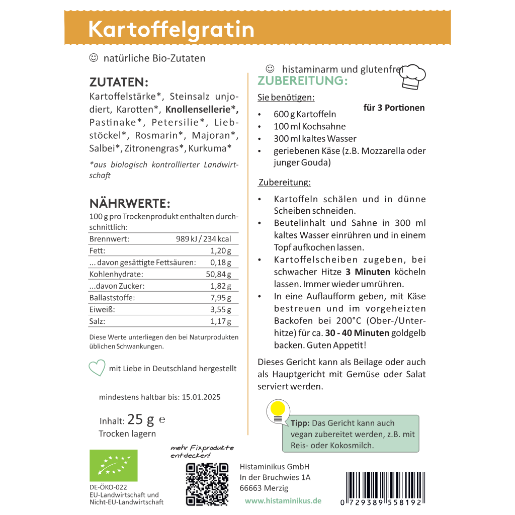 Etikett für HistaFix Kartoffelgratin von Histaminikus: Zutatenliste mit Bio-Gemüse wie Karotten, Sellerie, Pastinake und Kräutern, Nährwerte pro 100 g, Zubereitung für 3 Portionen mit Sahne und Käse, Tipps für vegane Variante, Bio- und Histaminarm-Siegel.