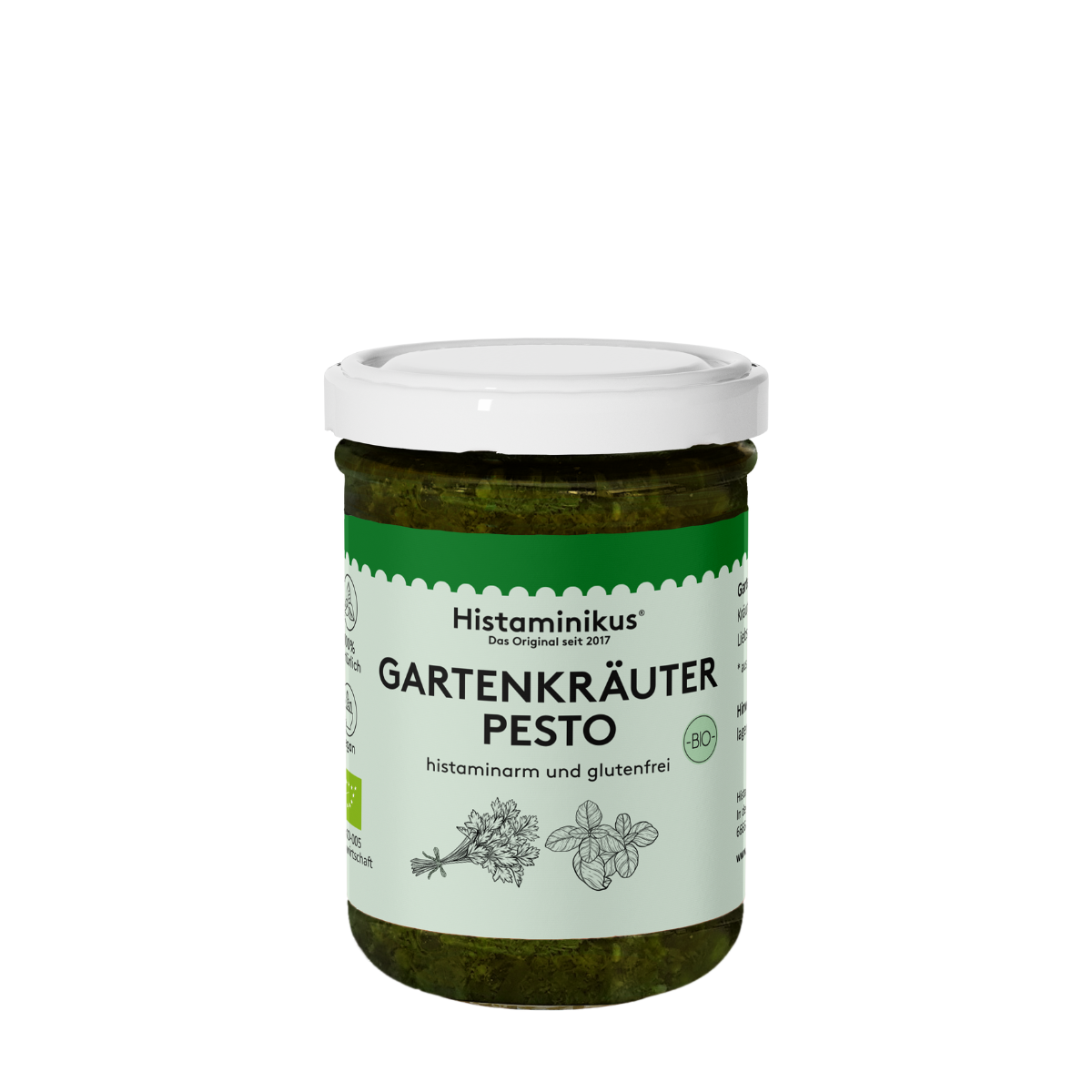 Kleines Glas mit weißem Deckel und dunkelgrünem Inhalt. Auf dem Etikett des Glases ist zu lesen: "Histaminikus, das Original seit 2017". Darunter steht "Gartenkräuter Pesto" - histaminarm und glutenfrei. Daneben ist Bio-Siegel abgebildet. Im unteren Drittel ist Petersilie und Basilikum aufgezeichnet.