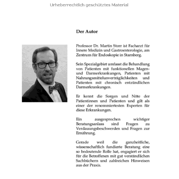 Porträtfoto von Professor Dr. Martin Storr links, daneben Text über seine fachärztliche Tätigkeit im Bereich Innere Medizin und Gastroenterologie am Zentrum für Endoskopie in Starnberg. Beschrieben werden seine Spezialisierung auf funktionelle Magen-Darm-Erkrankungen, Nahrungsmittelunverträglichkeiten und chronisch entzündliche Darmerkrankungen sowie seine Rolle als renommierter Experte mit Fokus auf ganzheitliche und wissenschaftlich fundierte Beratung.