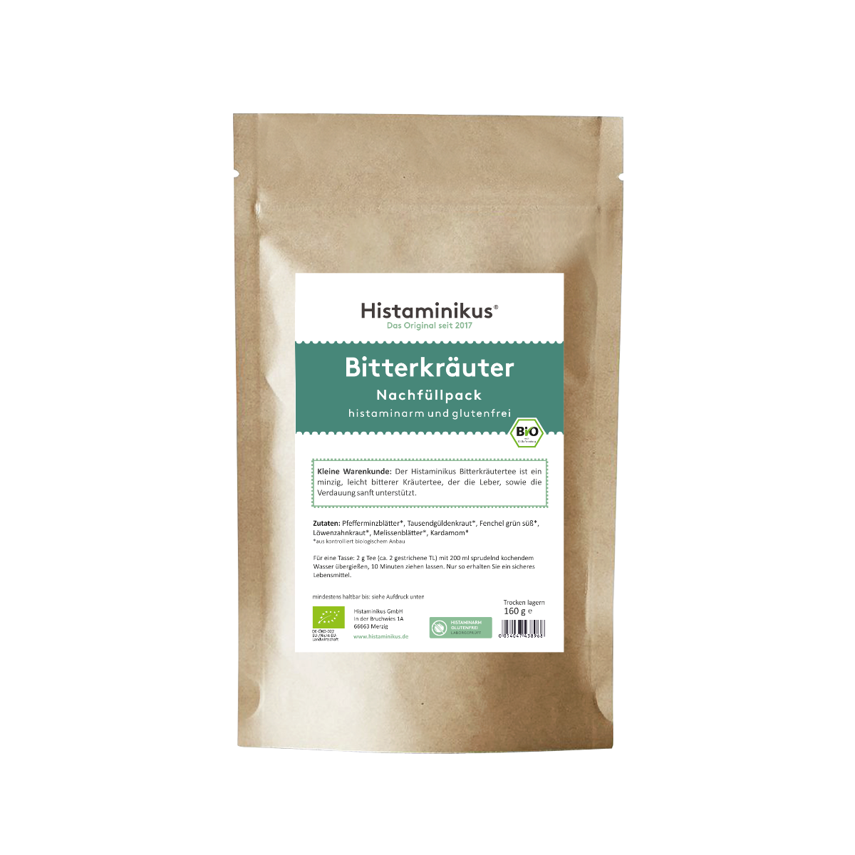 Produktfoto einer braunen Nachfüllpackung von Histaminikus. Auf der Vorderseite befindet sich ein weißes Etikett mit grünem Akzent. Produktname: „Bitterkräuter – Nachfüllpack – histaminarm und glutenfrei“. Darunter Beschreibung als mild bitterer Kräutertee zur Unterstützung von Leber und Verdauung.
Verpackungsinhalt: 160 g.