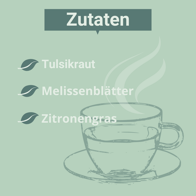 Grafik mit grünem Hintergrund und der Überschrift „Zutaten“. Aufgelistet sind Tulsikraut, Melissenblätter und Zitronengras. Rechts unten eine gezeichnete Teetasse mit aufsteigendem Dampf.