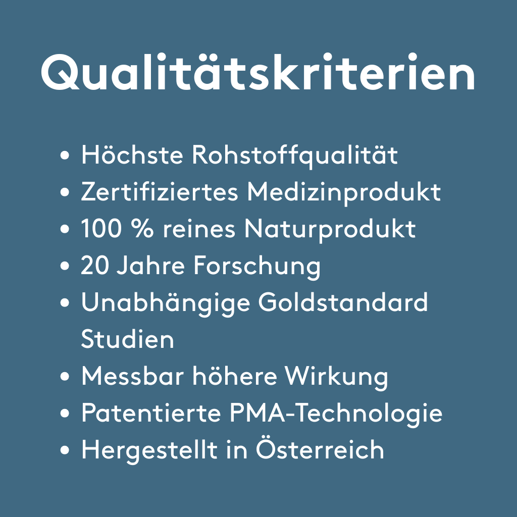 Kachel „Qualitätskriterien“ auf blauem Grund: Bullet-Liste mit „Höchste Rohstoffqualität“, „Zertifiziertes Medizinprodukt“, „100 % reines Naturprodukt“, „20 Jahre Forschung“, „Unabhängige Goldstandard-Studien“, „Messbar höhere Wirkung“, „Patentierte PMA-Technologie“, „Hergestellt in Österreich“.