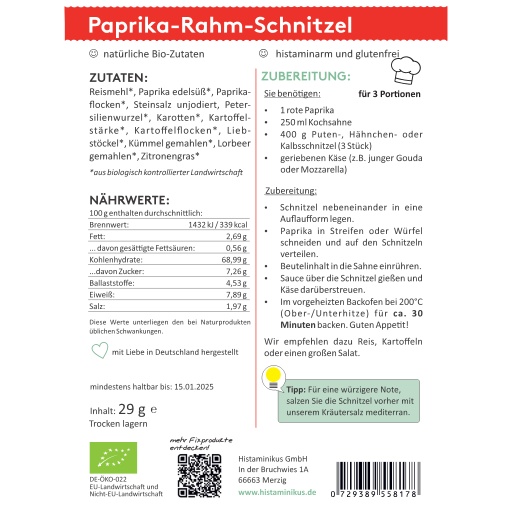 Etikett der HistaFix-Mischung „Paprika-Rahm-Schnitzel“ mit Zutatenliste, Nährwertangaben und Zubereitungsempfehlung für drei Portionen, inklusive Tipp für eine würzigere Note mit „Kräutersalz mediterran“, grünem Bio-Siegel und Histaminikus-Logo am unteren Rand.
