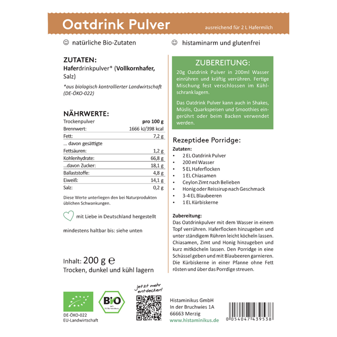 Rückseitenetikett des Oatdrink Pulvers mit Zutaten (Vollkornhafer, Salz), Nährwertangaben, Zubereitungshinweis und Rezeptidee für Porridge.