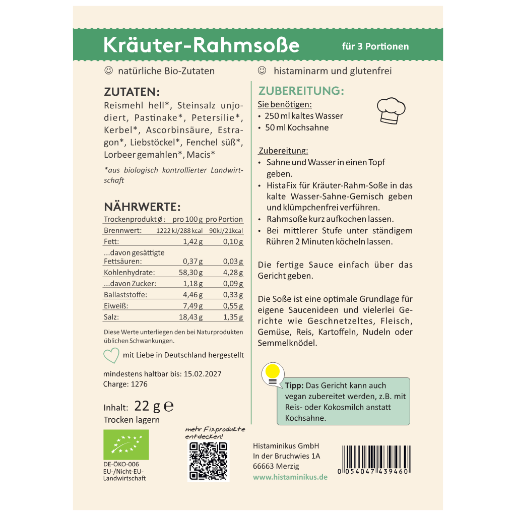 Rückseite der Verpackung von HistaFix Kräuter-Rahmsoße von Histaminikus mit Zutatenliste, Nährwertangaben und Zubereitungshinweisen für 3 Portionen; mit Tipp zur veganen Zubereitung und dem Hinweis ‚histaminarm & glutenfrei‘.