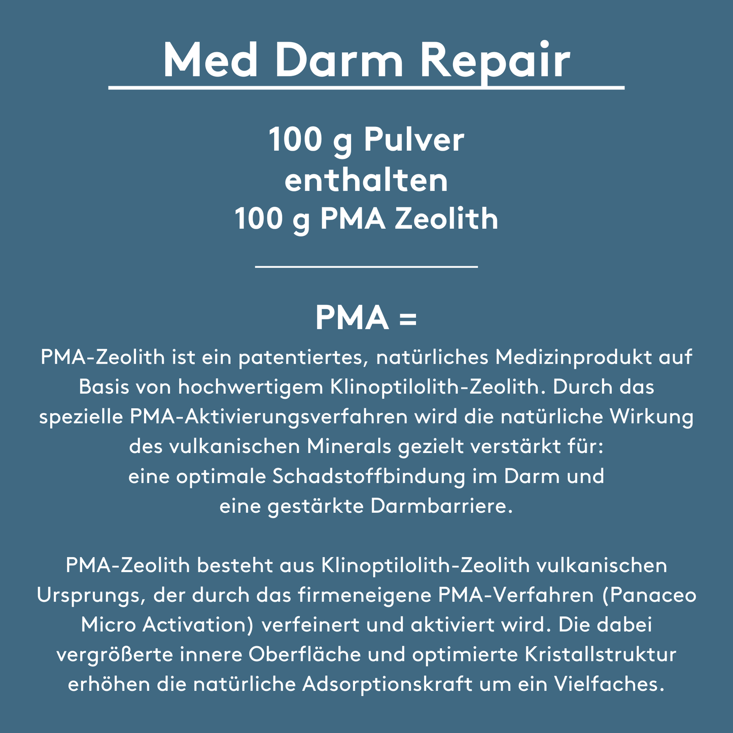 Grafik „Med Darm Repair“ auf blauem Grund: Überschrift, Hinweis „100 g Pulver enthalten 100 g PMA Zeolith“, darunter Fließtext zu PMA-Zeolith (Klinoptilolith, patentiertes PMA-Aktivierungsverfahren, verstärkte Adsorptionsleistung, Unterstützung der Darmbarriere).