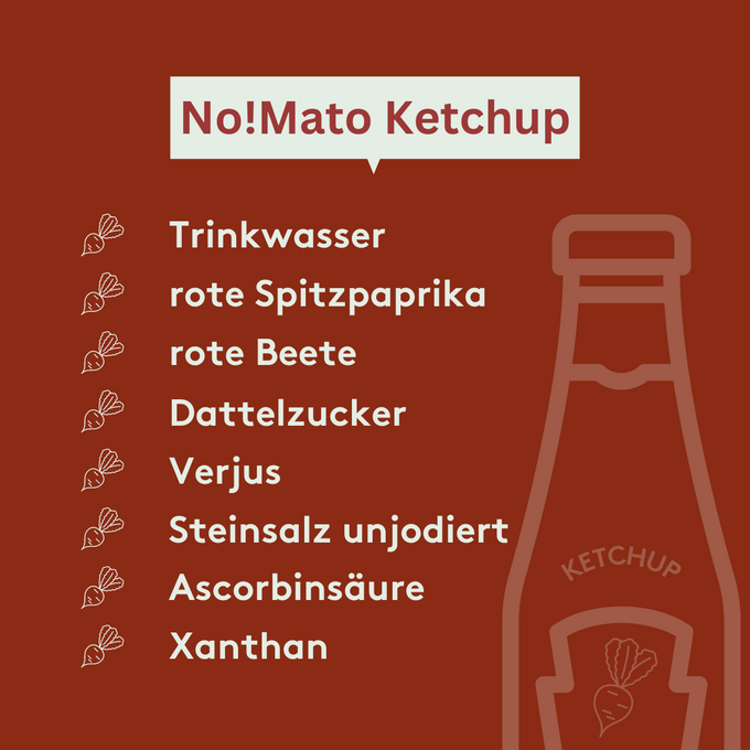 Grafik des Rote Beete Ketchup mit folgenden Zutaten:
Trinkwasser,
rote Spitzpaprika,
rote Beete,
Dattelzucker,
Verjus,
Steinsalz unjodiert,
Ascorbinsäure,
Xanthan