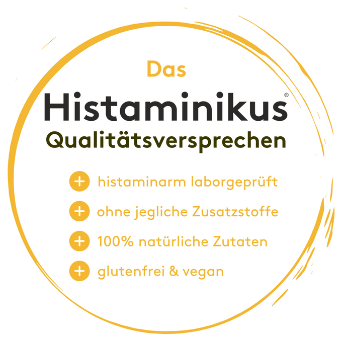 Runde Grafik mit Überschrift „Das Histaminikus Qualitätsversprechen“. Aufzählung mit gelben Pluszeichen:
– histaminarm laborgeprüft
– ohne jegliche Zusatzstoffe
– 100 % natürliche Zutaten
– glutenfrei & vegan