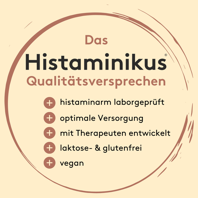 Grafik mit dem Titel „Das Histaminikus Qualitätsversprechen“ in der Mitte eines runden Rahmens. Darunter fünf Pluspunkte: „histaminarm laborgeprüft“, „optimale Versorgung“, „mit Therapeuten entwickelt“, „laktose- & glutenfrei“, „vegan“. Beigefarbener Hintergrund mit rötlich-braunen Akzenten.