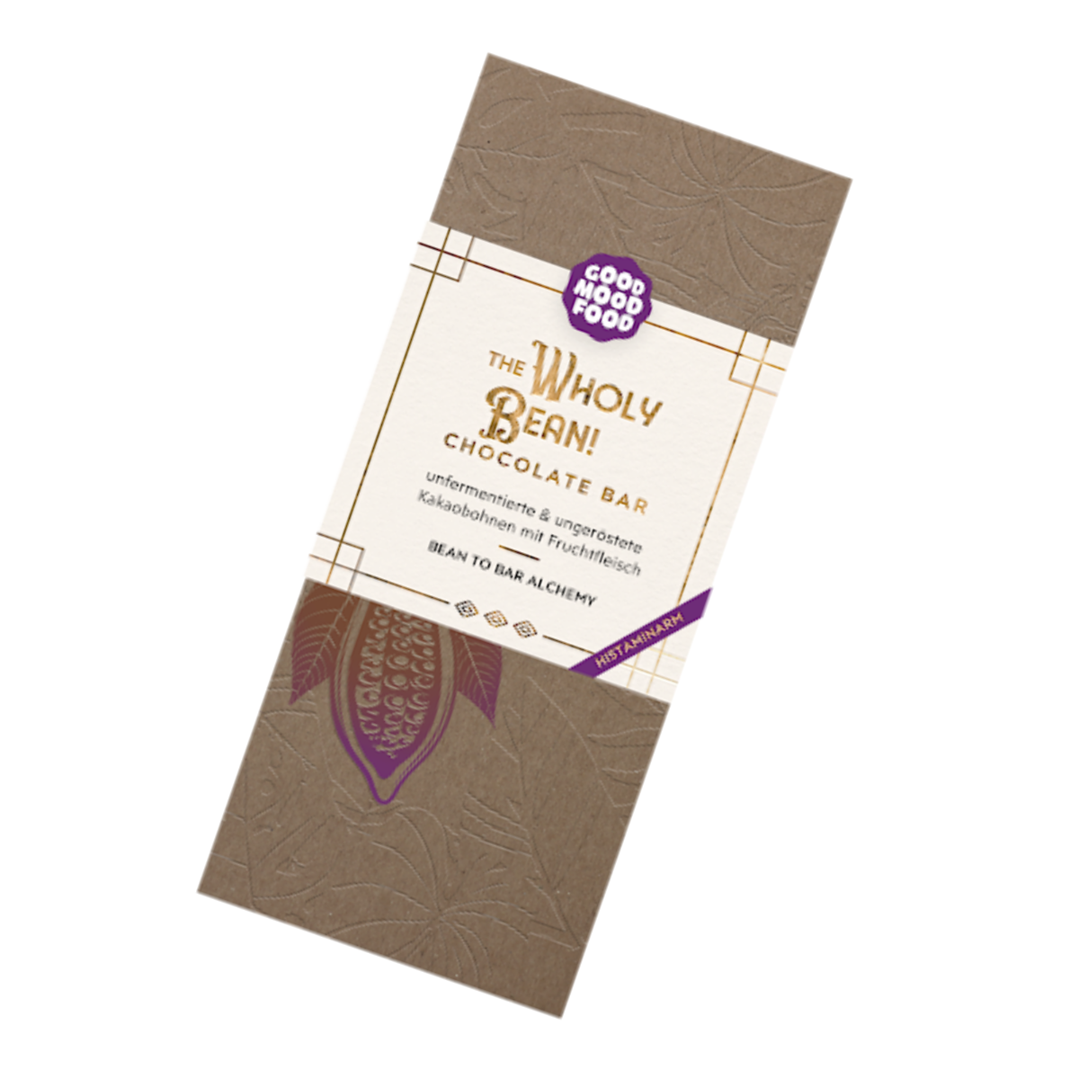 Abgewinkelte Abbildung der Verpackung der „The Wholy Bean! Chocolate Bar“ mit Schriftzug „unfermentierte & ungeröstete Kakaobohnen mit Fruchtfleisch – Bean to Bar Alchemy“ sowie dem Label „histaminarm“ und dem Logo „Good Mood Food“