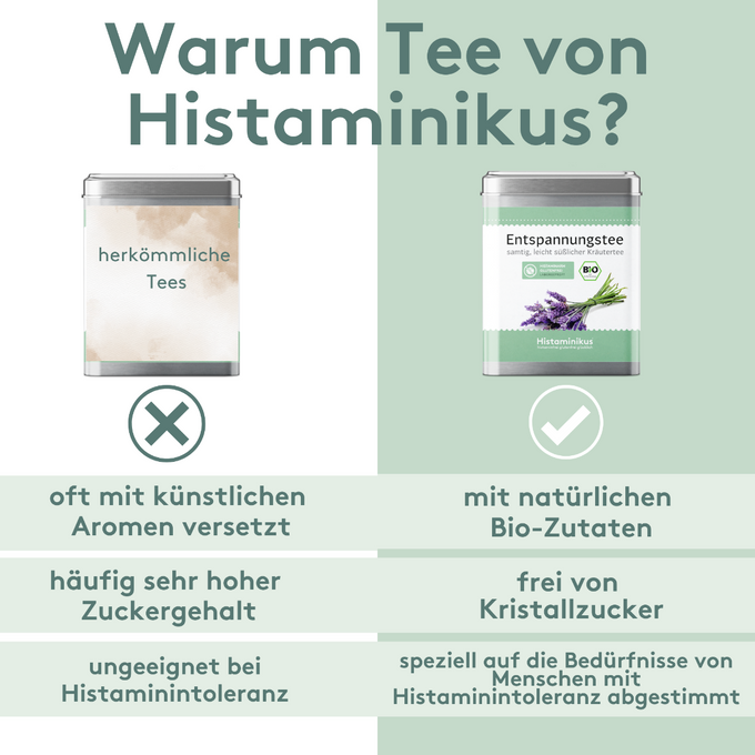 Vergleichsgrafik: Links eine unbeschriftete Teedose mit Nachteilen wie künstliche Aromen, hoher Zuckergehalt und ungeeignet bei Histaminintoleranz. Rechts der Entspannungstee von Histaminikus mit Vorteilen wie natürliche Bio-Zutaten, frei von Kristallzucker und speziell für Histaminintolerante. Hintergrund zweifarbig geteilt, mit Häkchen- und Kreuzsymbolen zur Verdeutlichung.