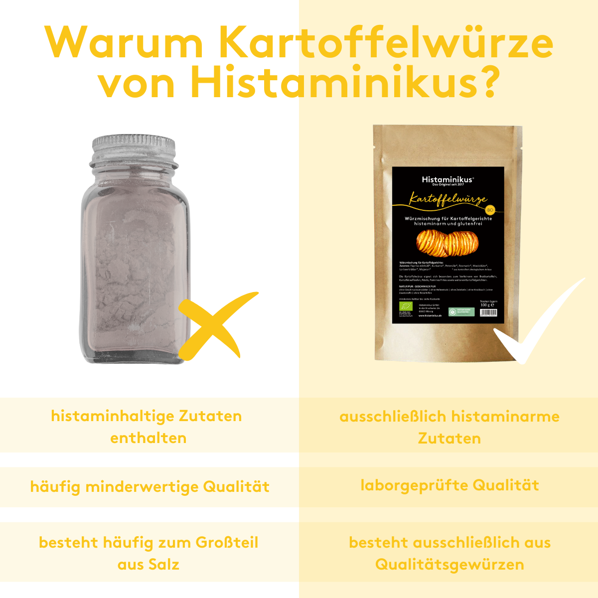 Vergleichgrafik der Kartoffelwürze mit herkömmlichen Gewürzen. Die Überschrift lautet: Warum Kartoffelwürze von Histaminikus? Darunter ist links eine Beispieldose eines herkömmlichen Gewürzes zu sehen und daneben die Kartoffelwürze von Histaminikus. Links stehen die Nachteile herkömmlicher Gewürze aufgelistet und rechts die Vorteile der Kartoffelwürze.