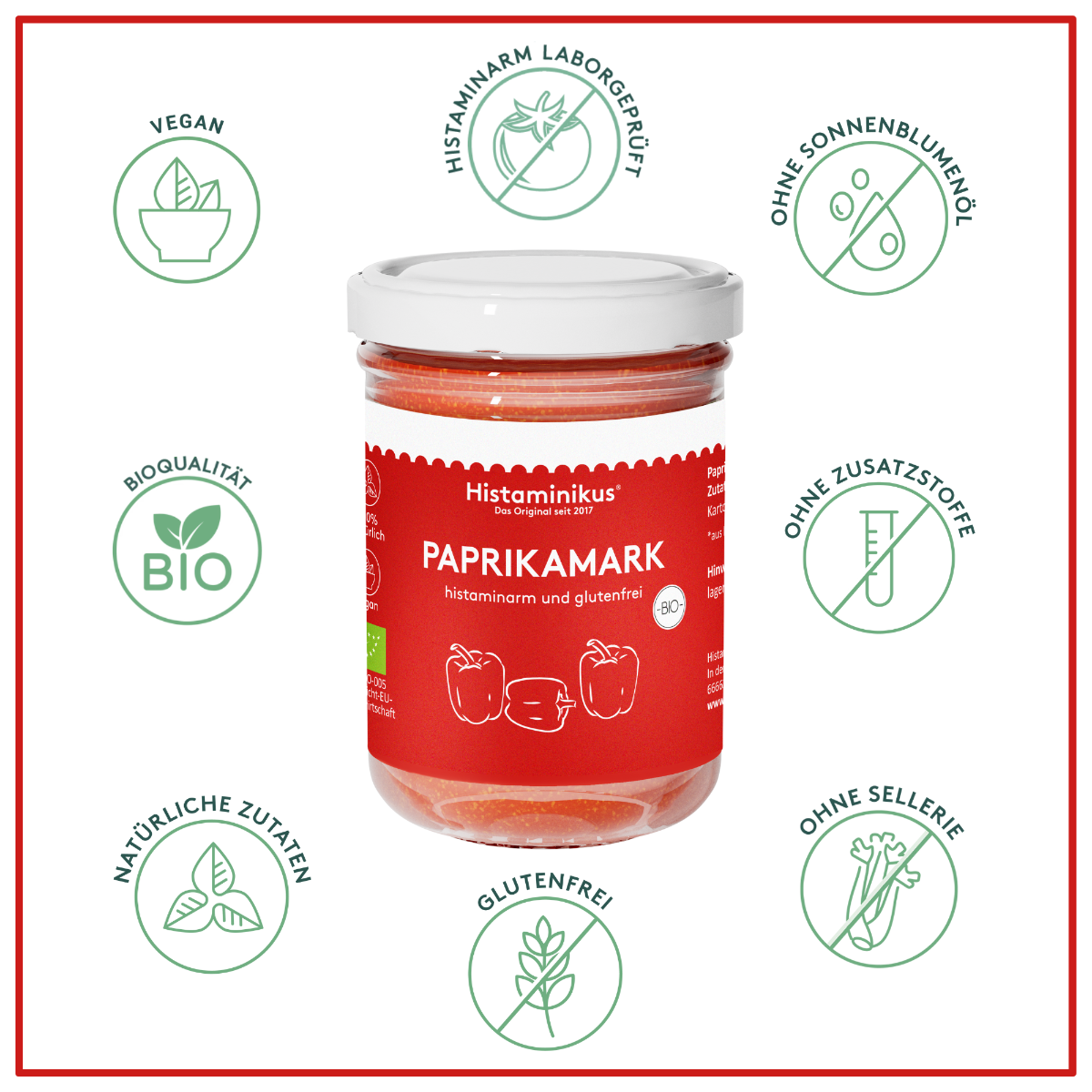 Grafik mit Glas des Paprikamark in der Mitte. Drumherum sieht man Icons mit Vorteilen des Paprikamark wie: histaminarm laborgeprüft, ohne Zusatzstoffe, vegan, ohne Sellerie, ohne Sonnenblumenöl, glutenfrei, natürliche Zutaten und Bioqualität.