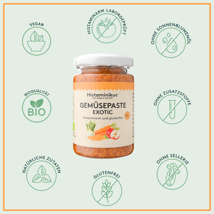 Grafik mit Glas der Gemüsepaste Exotic in der Mitte. Drumherum sieht man Icons mit Vorteilen der Gemüsepaste Exotic wie: histaminarm laborgeprüft, ohne Zusatzstoffe, vegan, ohne Sellerie, ohne Sonnenblumenöl, glutenfrei, natürliche Zutaten und Bioqualität.