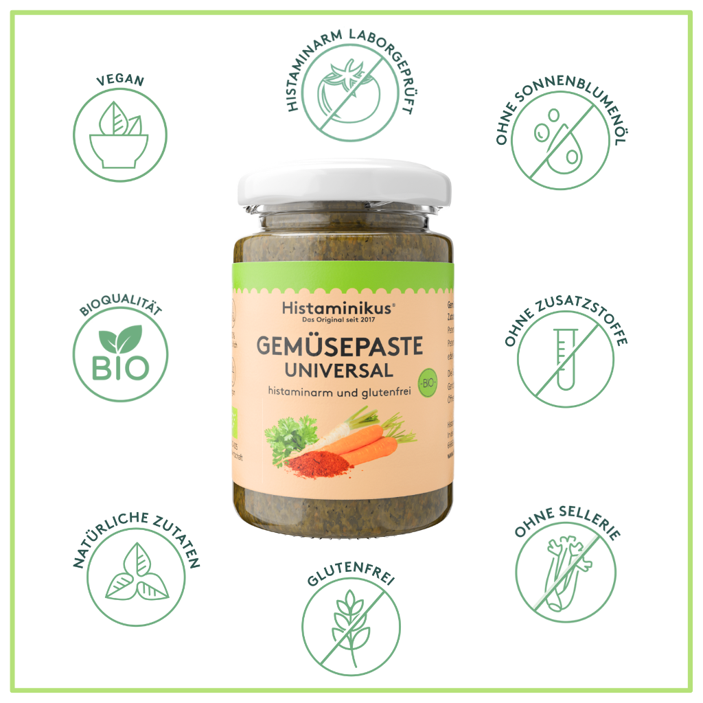 Grafik mit Glas der Gemüsepaste Universal in der Mitte. Drumherum sieht man Icons mit Vorteilen der Gemüsepaste Universal wie: histaminarm laborgeprüft, ohne Zusatzstoffe, vegan, ohne Sellerie, ohne Sonnenblumenöl, glutenfrei, natürliche Zutaten und Bioqualität.