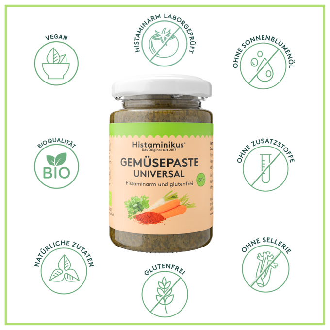 Grafik mit Glas der Gemüsepaste Universal in der Mitte. Drumherum sieht man Icons mit Vorteilen der Gemüsepaste Universal wie: histaminarm laborgeprüft, ohne Zusatzstoffe, vegan, ohne Sellerie, ohne Sonnenblumenöl, glutenfrei, natürliche Zutaten und Bioqualität.