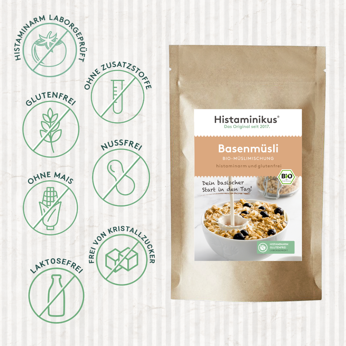 Rechts im Bild: Verpackung des Produkts „Basenmüsli“ von Histaminikus mit Etikett und Müslischale.
Links daneben sieben grüne Symbolgrafiken mit durchgestrichenem Kreis, beschriftet mit:
„Histaminarm laborgeprüft“, „Ohne Zusatzstoffe“, „Glutenfrei“, „Nussfrei“, „Ohne Mais“, „Laktosefrei“, „Frei von Kristallzucker“.