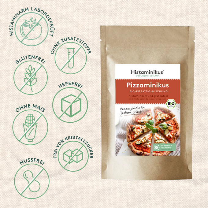 Vorteilsgrafik zur „Pizzaminikus“-Mischung. In der Mitte die Produktverpackung, links Symbole für Eigenschaften wie histaminarm, glutenfrei, hefefrei, ohne Zusatzstoffe, ohne Mais, nussfrei und ohne Kristallzucker. Einheitlicher Grünton auf beigem Hintergrund.