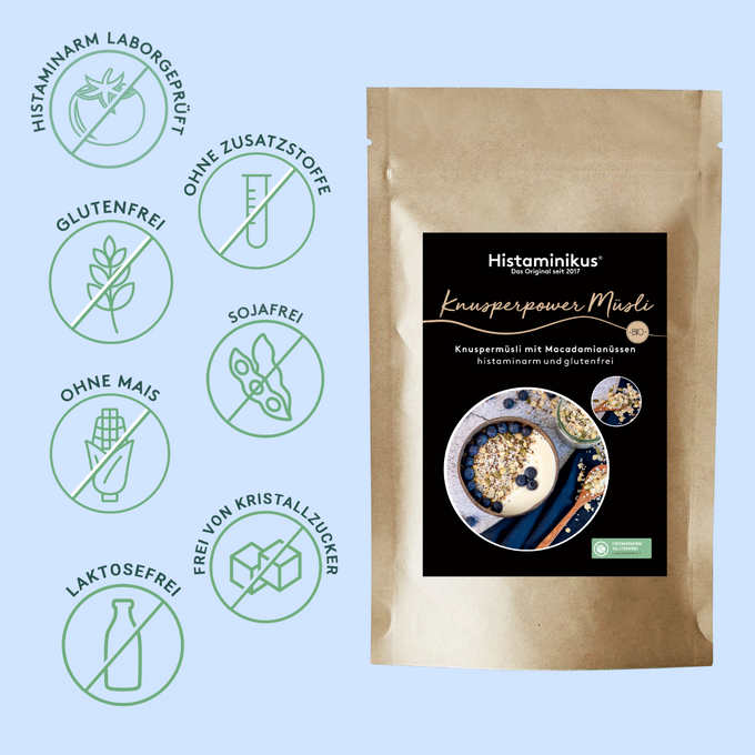 Grafik mit hellblauem Hintergrund. Links befinden sich sieben grüne Icons mit Beschriftung: „histaminarm laborgeprüft“, „glutenfrei“, „ohne Zusatzstoffe“, „sojafrei“, „ohne Mais“, „laktosefrei“, „frei von Kristallzucker“. Rechts ist die braune Produktverpackung des „Knusperpower Müsli“ von Histaminikus zu sehen, mit schwarzem Etikett und einem runden Foto einer Müslischale mit Joghurt, Müsli und Heidelbeeren.