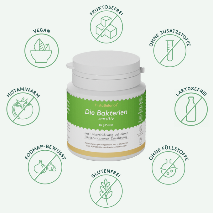 Dose „Die Bakterien sensitiv“ von HistaBalance in der Mitte, umgeben von Icons: histaminarm, glutenfrei, laktosefrei, fruktosefrei, vegan, FODMAP-bewusst, ohne Zusatzstoffe, ohne Füllstoffe. Das Produkt ist als verträglich und allergenarm hervorgehoben.