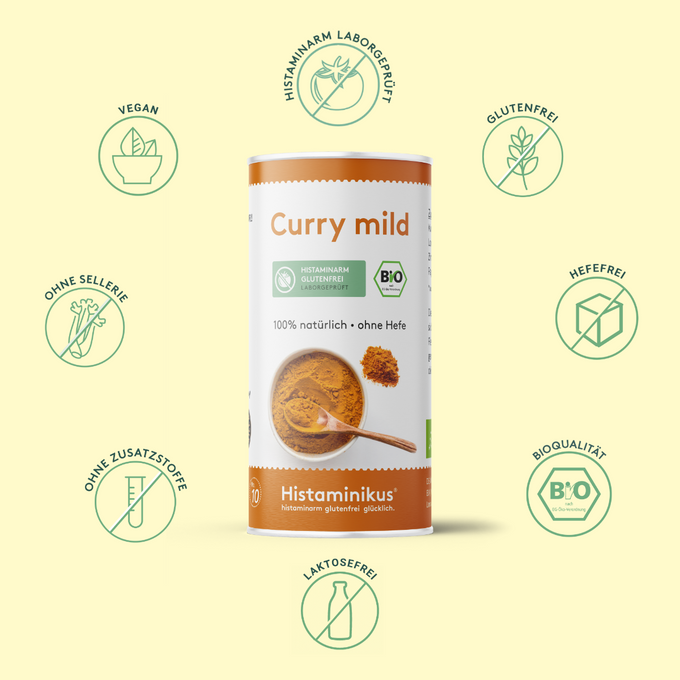 Grafik mit Dose „Curry mild“ im Zentrum. Rundherum 9 grüne Icons mit Text:
– histaminarm laborgeprüft
– glutenfrei
– hefefrei
– Bioqualität
– laktosefrei
– ohne Zusatzstoffe
– ohne Sellerie
– vegan