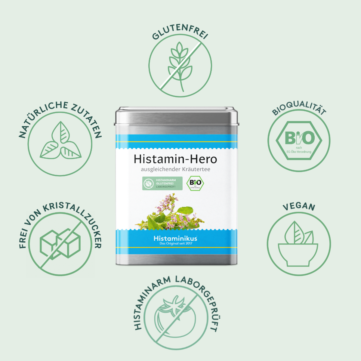 Produktvorteil-Grafik: In der Mitte die Dose des Histamin-Hero Tees mit dem Etikett „ausgleichender Kräutertee“. Darum gruppiert sechs Symbole mit Aussagen wie „glutenfrei“, „vegan“, „frei von Kristallzucker“, „Bioqualität“, „natürliche Zutaten“ und „histaminarm laborgeprüft“. Der Hintergrund ist hellgrün, die Icons sind grün umrandet und unterstreichen die besondere Eignung für sensible Ernährungsbedürfnisse.