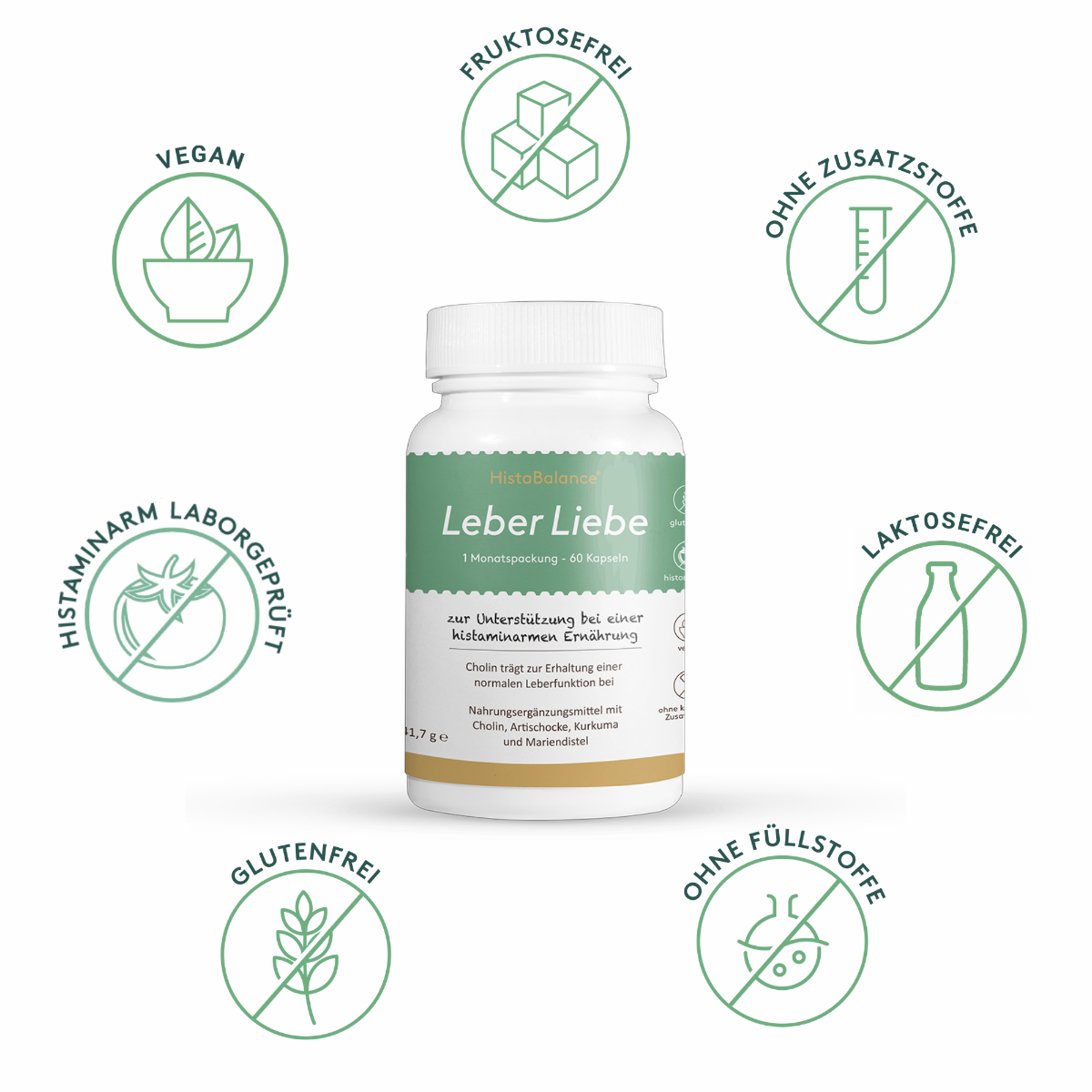 Produktgrafik mit hellgrünem Hintergrund: In der Mitte die Dose „Leber Liebe“ von HistaBalance, außen herum kreisförmig angeordnet sieben grüne Siegel mit Aufschriften: „fruktosefrei“, „ohne Zusatzstoffe“, „laktosefrei“, „ohne Füllstoffe“, „glutenfrei“, „histaminarm laborgeprüft“ und „vegan“.
