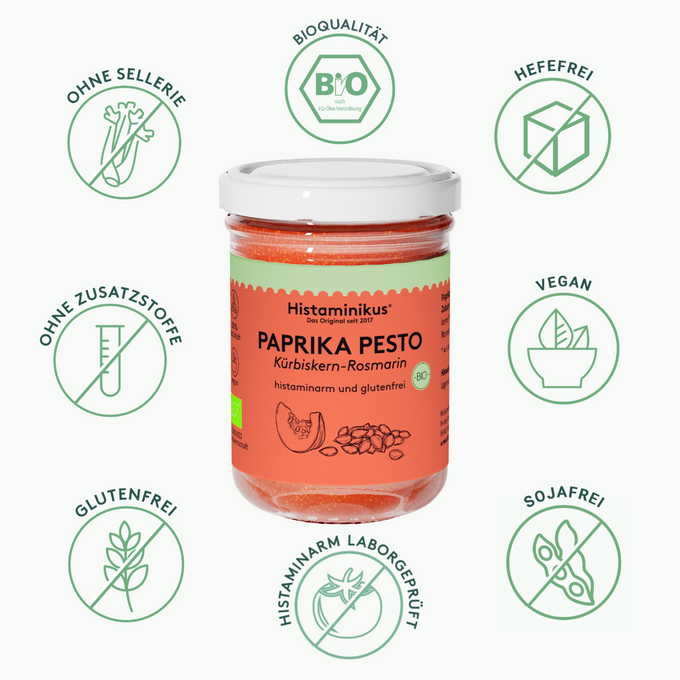 Grafik mit Glas des Paprika Pesto in der Mitte. Drumherum sieht man Icons mit Vorteilen des Paprika Pestos wie: histaminarm laborgeprüft, ohne Zusatzstoffe, vegan, ohne Sellerie, sojafrei, hefefrei, glutenfrei und Bioqualität