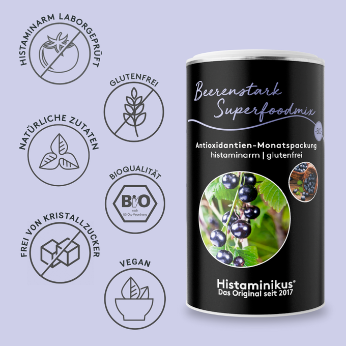 Produktgrafik Beerenstark Superfoodmix mit Symbolen zu Produktvorteilen: histaminarm laborgeprüft, glutenfrei, natürliche Zutaten, Bioqualität, frei von Kristallzucker und vegan.
