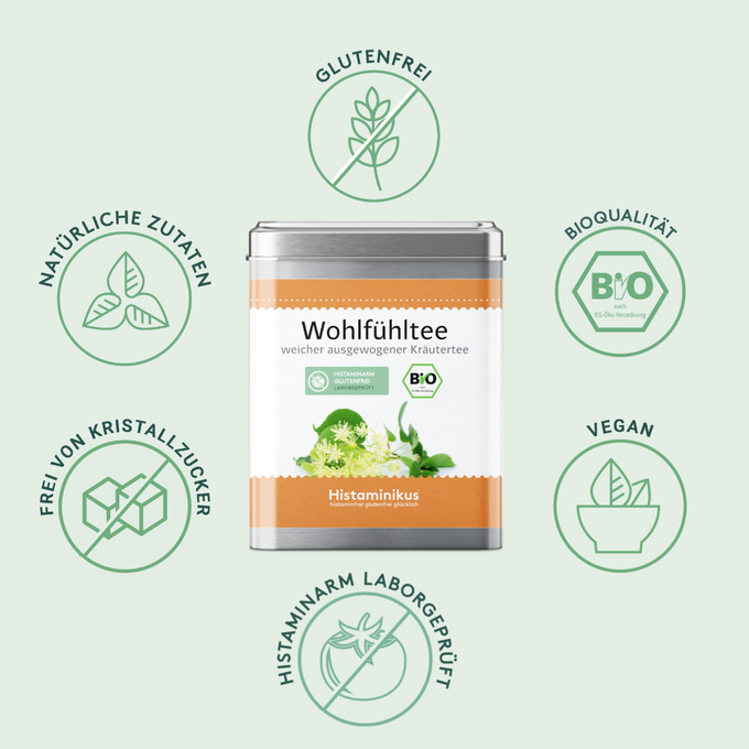 Produktbild der Wohlfühltee-Dose von Histaminikus in der Mitte, umgeben von sechs Symbolen: „Glutenfrei“, „Bioqualität“, „Vegan“, „Histaminarm laborgeprüft“, „Frei von Kristallzucker“ und „Natürliche Zutaten“. Alle Symbole in grün auf hellem Hintergrund.