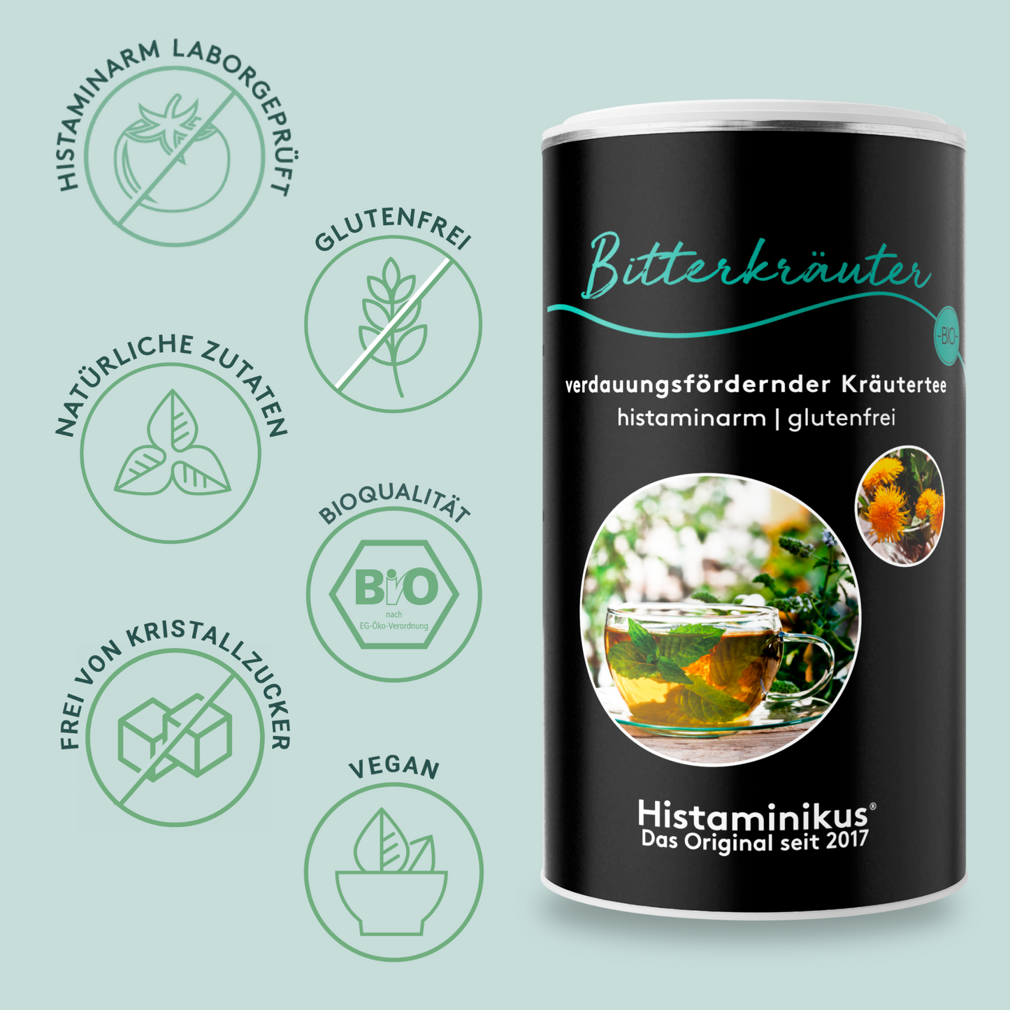 Schwarze Teedose „Bitterkräuter“ von Histaminikus neben sechs grünen Icons mit den Eigenschaften: histaminarm laborgeprüft, glutenfrei, natürliche Zutaten, Bioqualität, frei von Kristallzucker, vegan. Auf der Dose sind Teetasse und Ringelblumen abgebildet.
