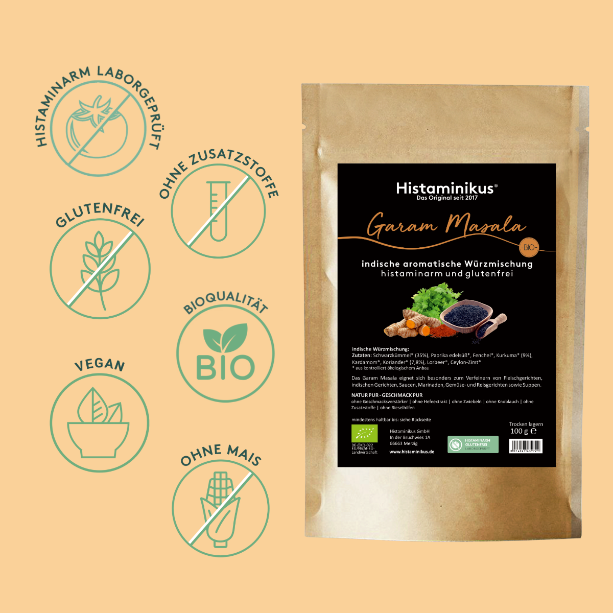 Grafik mit der Packung des Garam Masala auf der rechten Seite. Auf der linken Seite sieht man Icons mit Vorteilen wie: histaminarm laborgeprüft, ohne Zusatzstoffe, vegan, ohne Mais, glutenfrei und Bioqualität