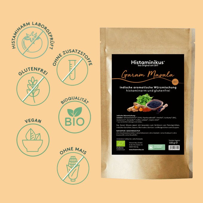 Grafik mit der Packung des Garam Masala auf der rechten Seite. Auf der linken Seite sieht man Icons mit Vorteilen wie: histaminarm laborgeprüft, ohne Zusatzstoffe, vegan, ohne Mais, glutenfrei und Bioqualität