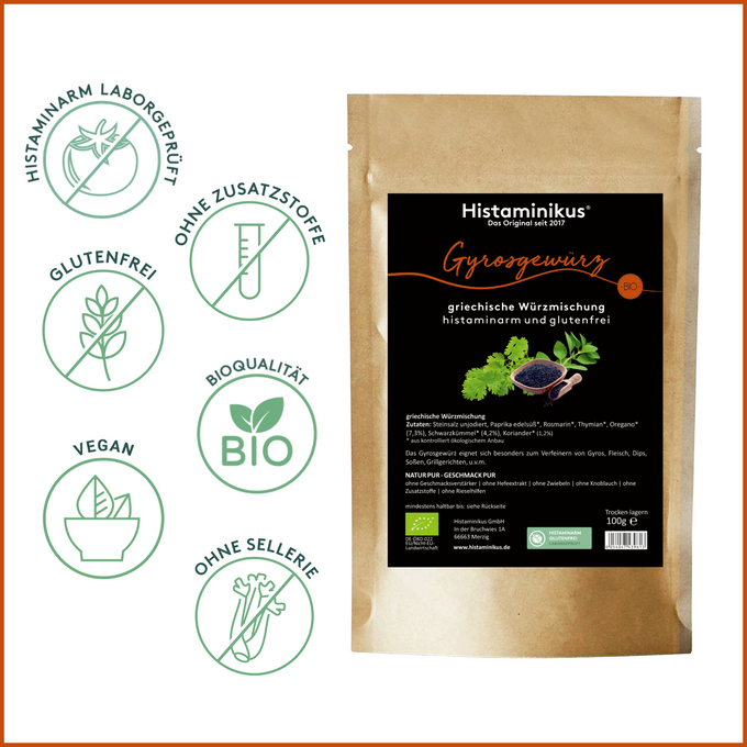 Darstellung der Gewürztüte „Gyrosgewürz“ von Histaminikus mit sieben kreisförmigen Icons: „histaminarm laborgeprüft“, „ohne Zusatzstoffe“, „glutenfrei“, „Bioqualität“, „vegan“, „ohne Sellerie“. Auf dem Produktetikett ist die Zutatendeklaration sichtbar.