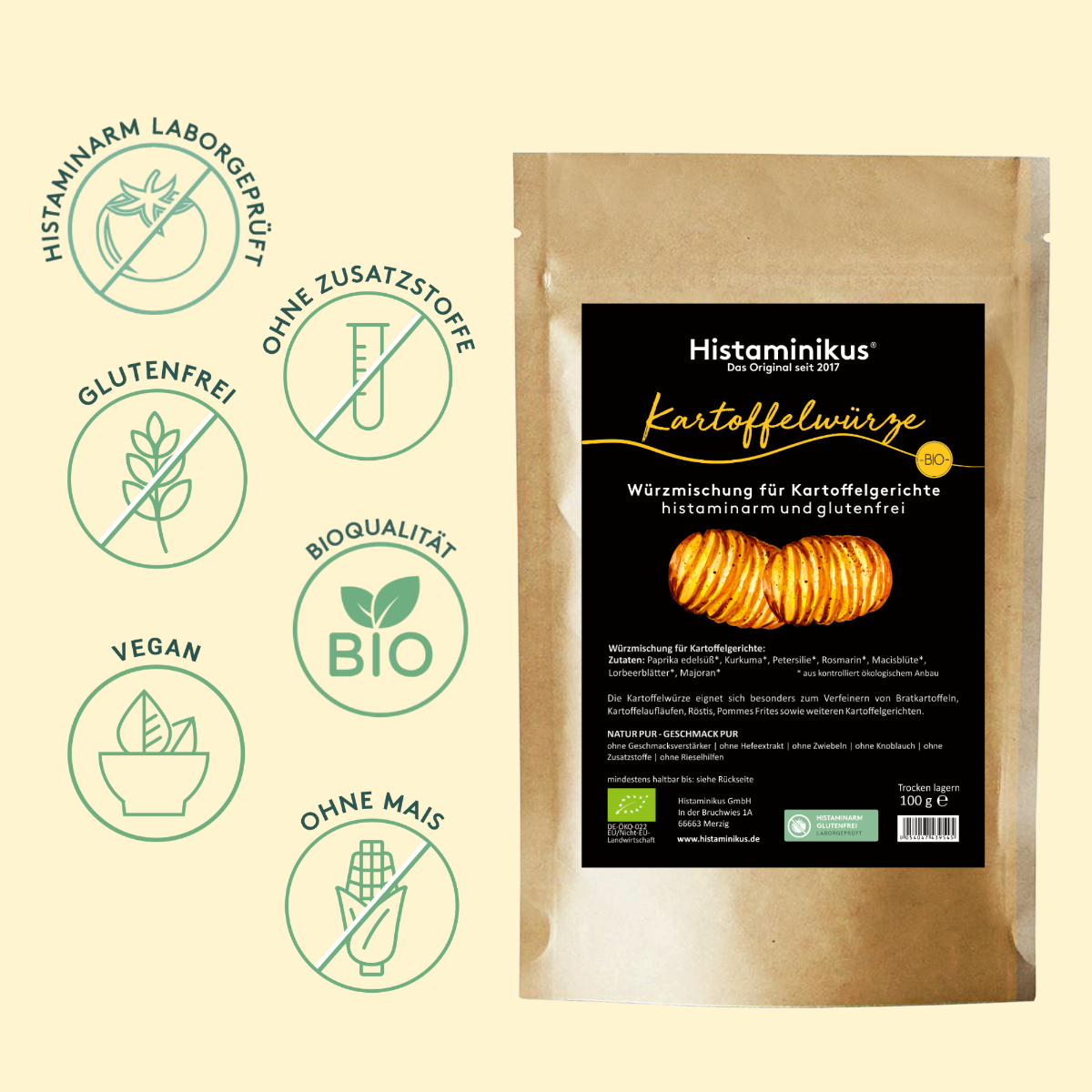 Grafik mit der Packung der Kartoffelwürze auf der rechten Seite. Auf der linken Seite sieht man Icons mit Vorteilen der Kartoffelwürze wie: histaminarm laborgeprüft, ohne Zusatzstoffe, vegan, ohne Mais, glutenfrei und Bioqualität.
