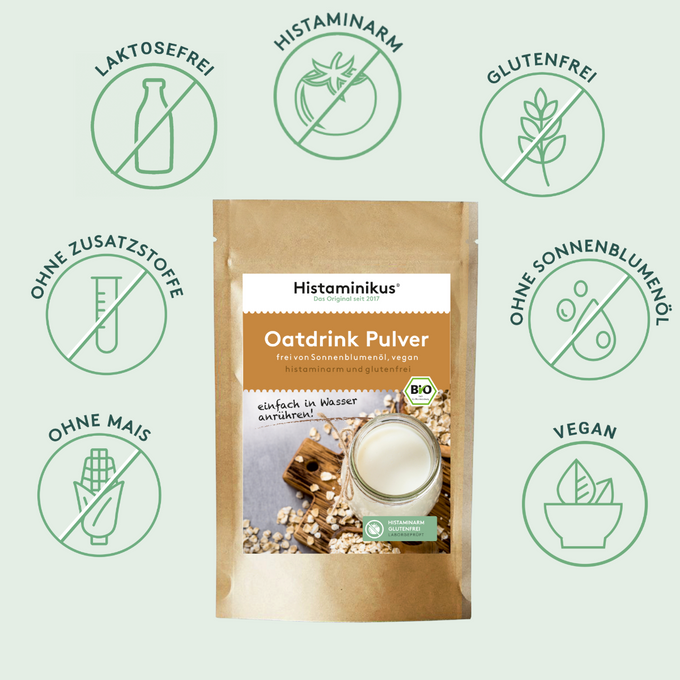 Oatdrink Pulver von Histaminikus in der Mitte, umgeben von Icons für: laktosefrei, ohne Zusatzstoffe, ohne Mais, histaminarm, glutenfrei, ohne Sonnenblumenöl und vegan.