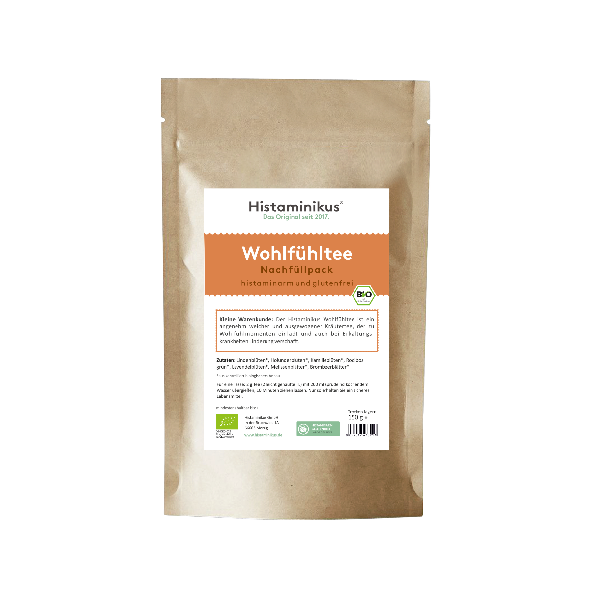 Produktabbildung einer braunen Nachfüllpackung mit Etikett „Wohlfühltee“. Der Tee ist histaminarm, glutenfrei und bio. Unterhalb des Produktnamens eine kurze Beschreibung: ein weicher, ausgewogener Kräutertee, der zu Wohlfühlmomenten einlädt und bei Erkältungskrankheiten unterstützend wirkt.