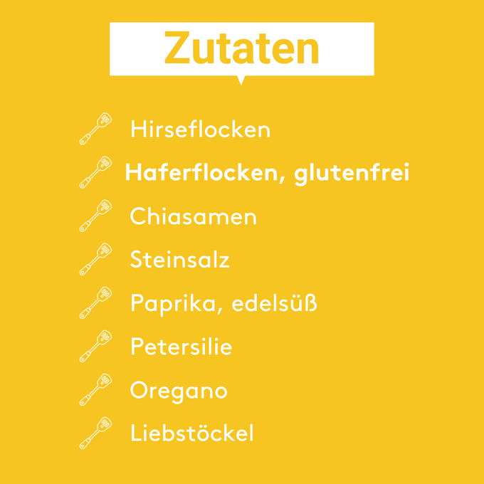 Gelbe Grafik mit der Überschrift „Zutaten“. Aufgelistet sind:
– Hirseflocken
– Haferflocken, glutenfrei
– Chiasamen
– Steinsalz
– Paprika, edelsüß
– Petersilie
– Oregano
– Liebstöckel
Links neben jedem Punkt ist ein kleines Icon eines Schneebesens zu sehen.