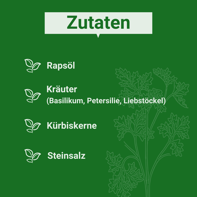 Grafik auf der folgende Zutaten aufgeführt sind: Rapsöl, Kräuter wie Basilikum, Petersilie, Liebstöckel. Außerdem Kürbiskerne und Steinsalz